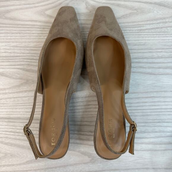 Torgeis Bernadette Slingback Heels WMNS 11 Taupe Cotton Pointed Toe Kitten Heels - Picture 8 of 10